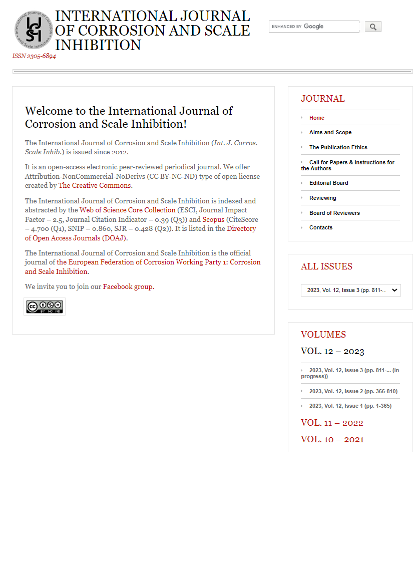 INTERNATIONAL JOURNAL OF CORROSION AND SCALE INHIBITION